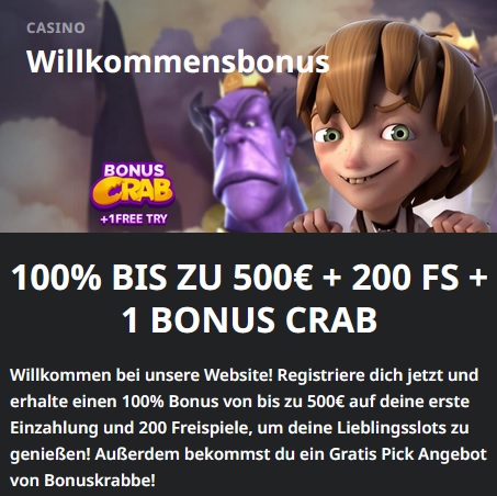 Werbebild für einen Casino-Willkommensbonus im Buran Casino. Es enthält animierte Figuren und Text. Der Haupttext lautet: „Willkommensbonus“ und „100 % BIS ZU 500 € + 200 FS + 1 BONUS CRAB“. Zusätzlicher Text mit Einzelheiten zur Registrierung, Verwendung des Promo-Codes und zum Einfordern des Neukundenbonus.