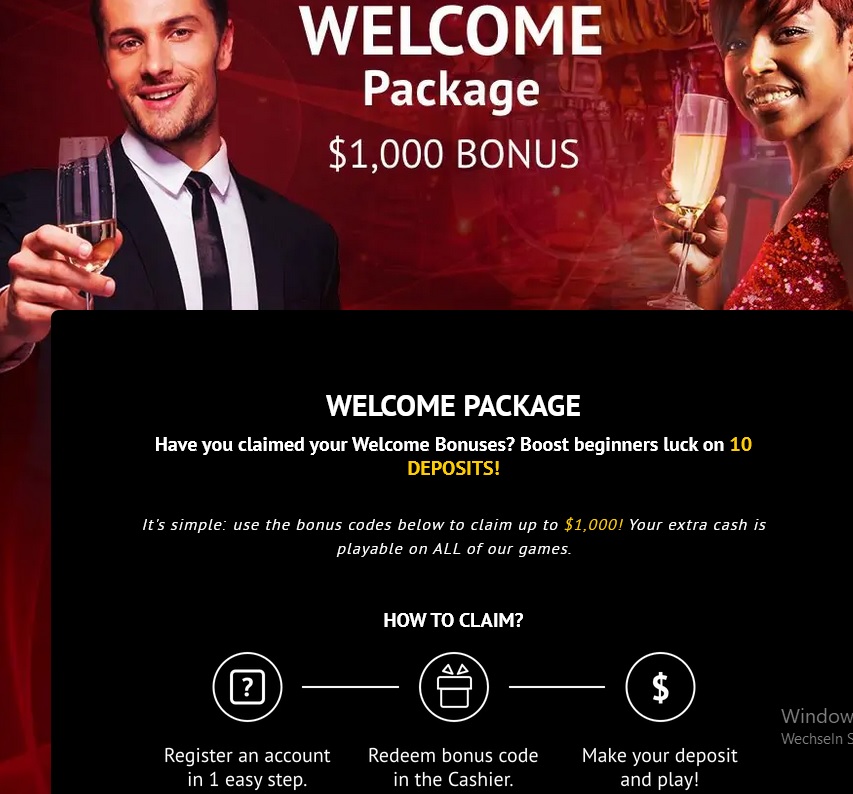 A promotional image for the Lucky Slotland casino welcome package offering a $1,000 bonus. Features two people dressed formally with champagne. Text includes steps to claim: register, use Casino Bonus Codes, and make a deposit for Big Wins!