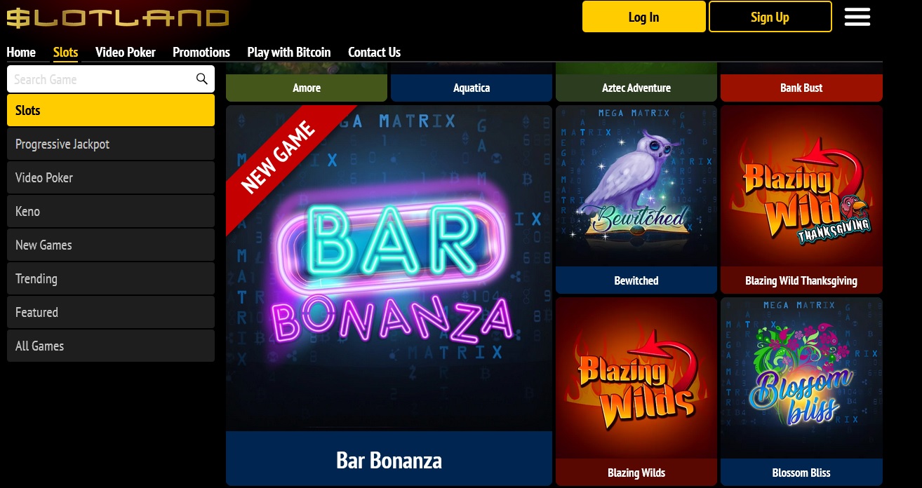 Screenshot of Lucky Slotland Casino's game menu, showcasing slot games like "Bar Bonanza," "Bewitched," and "Blazing Wilds." The interface includes navigation for game categories and options to log in or sign up, with an exclusive section for bonus codes.