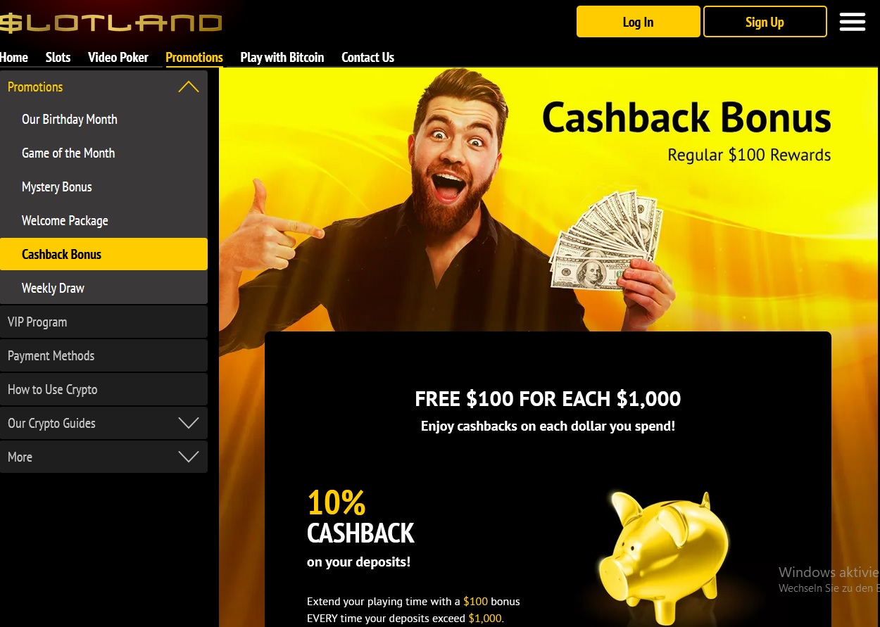 A man with a beard and surprised expression holds a fan of US dollar bills, highlighting Lucky Slotland's enticing 10% cashback bonus on deposits. A piggy bank illustration adds flair, and the menu on the left offers various promotions alongside casino bonus codes for big wins.