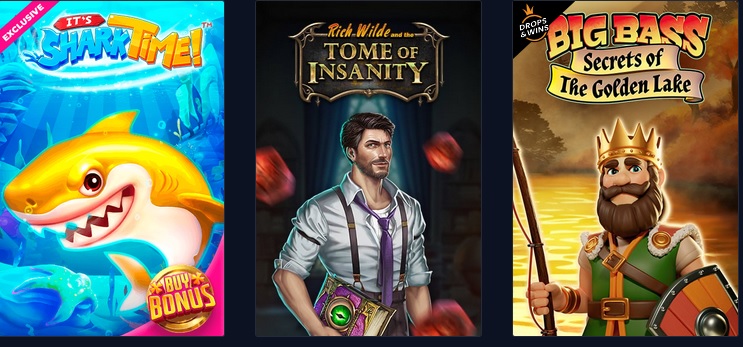 Three slot game covers are displayed. The first features a cheerful shark for "It's Shark Time!" The second shows a man with a mystical tome for "Rich Wilde and the Tome of Insanity." The third has a king holding a fishing rod for "Big Bass Secrets of The Golden Lake," all top contenders in online casinos' top 10 slot games.