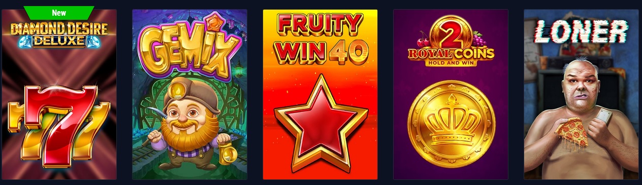 A lineup of game icons often found in online casinos: "Diamond Desire Deluxe" with a red 7, "GEMiX" featuring a cheerful miner, "Fruity Win 40" with a red star, "Royal Coins 2: Hold and Win" with a gold coin, and "Loner" showing a bald man eating a drumstick.