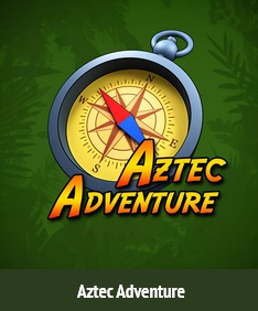 An illustration of a silver compass with a yellow face and red needle pointing north, titled "Aztec Adventure" in bold yellow and orange letters. The background is green with faint foliage patterns. The text "Aztec Adventure" is repeated at the bottom, reminiscent of an Aztec Spins slot machine.