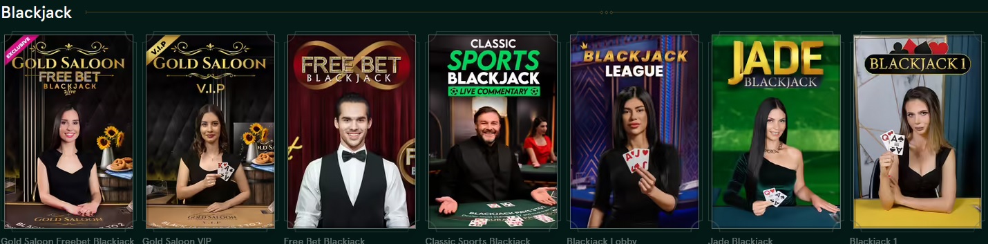 A display of seven different types of online blackjack games with promotional images. Each game features a dealer holding playing cards, some in themed outfits. Game titles include "Gold Saloon," "Free Bet," and more. Take advantage of the Casinia Casino Bonus and win up to 500 USD or 200 Free Spins!