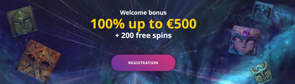 A promotional banner for Buran Casino offering a 100% bonus up to €500 plus 200 spins. The background features mystical-themed icons and a purple "Registration" button in the center. The text is in yellow and white on a dark, cosmic backdrop.