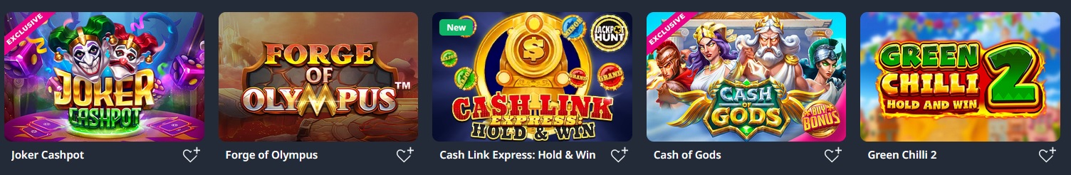 Five colorful game icons are displayed in a row. The games include "Joker Cashpot," "Forge of Olympus," "Cash Link Express: Hold & Win," "Cash of Gods," and the spicy "Green Chilli 2." Each icon has vibrant graphics and text depicting the games' titles, promising sizzling Spicy Wins.