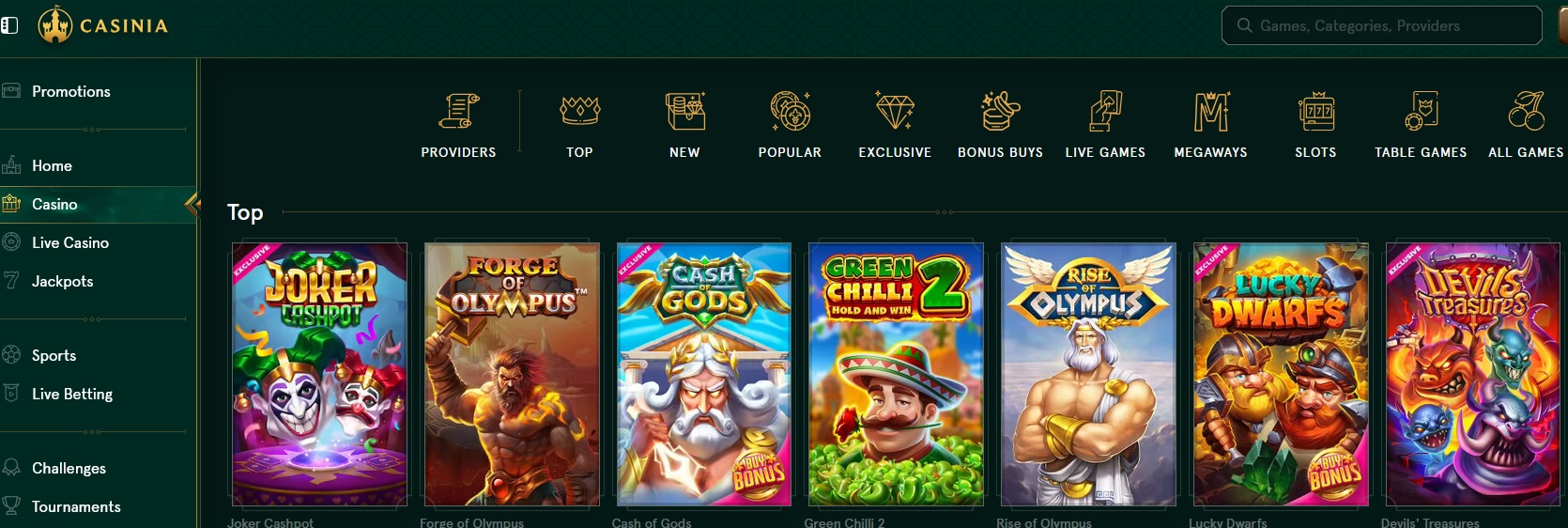 A screenshot of Casinia Casino's game selection page showcases the vibrant array of games. The sidebar offers choices like Home, Casino, Live Casino, and Jackpots. The main section spotlights "Joker Forest", "Forge of Olympus", and "Green Chilli 2", along with a banner announcing a Casinia Casino Bonus: 200 Free Spins and up to 500 USD!