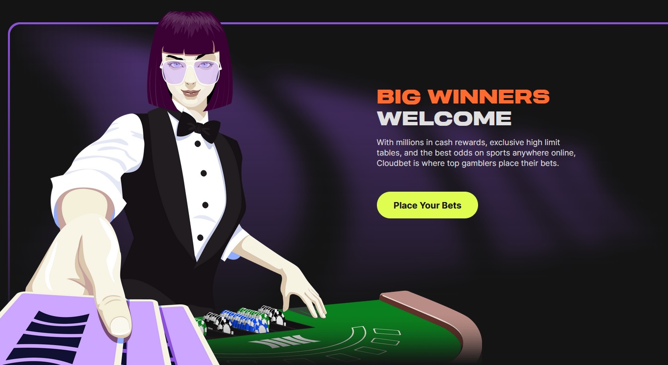 Illustration of a card dealer with purple hair, wearing glasses, a white shirt, and a black vest and bow tie, dealing cards at a green poker table. The dark gradient background has a purple hue. Text reads, "BIG WINNERS WELCOME. Place Your Bets." Experience the thrill at our Bitcoin Casino.