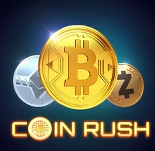 An image features three cryptocurrency coins: a large gold Bitcoin (B) in the center, flanked by a silver coin on the left and a smaller dark coin on the right. Below the coins is the glowing text "COIN RUSH," with a stylized coin logo within the "O," capturing the thrilling vibe of an online slot game.