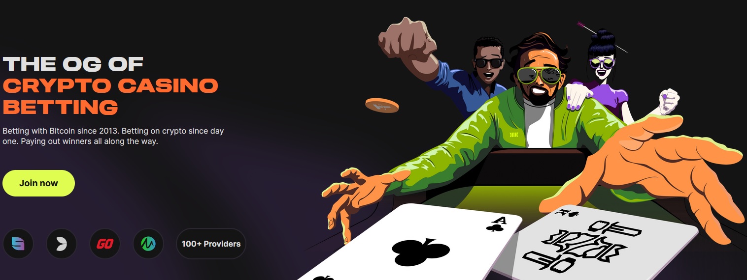 A colorful promotional banner for a Bitcoin casino website. Features cartoon characters reaching out for playing cards, accompanied by the text: "The OG of Crypto Casino Betting" and a "Join now" button. Various logos and slogans are also present.