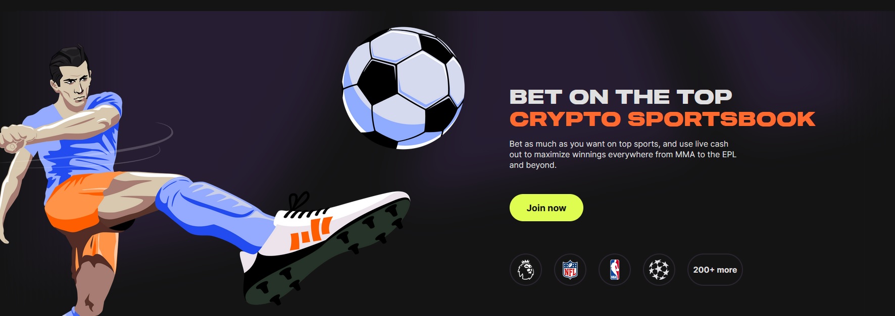 Illustration of a soccer player kicking a ball on the left and promotional text on the right reading "Bet on Cloudbet: The Top Crypto Sportsbook." A "Join now" button is below the text, with various sports icons and "200+ more" listed at the bottom.