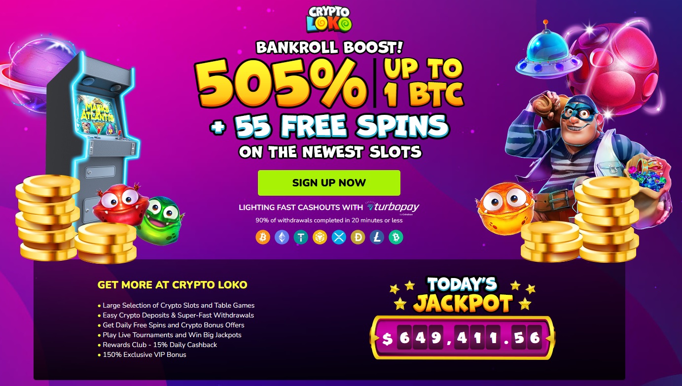 Promotional banner for Loko Crypto Casino. Features a 505% bonus and up to 1 BTC plus 55 free spins, alongside cartoon characters, a jackpot total of $649,411.56, and details of casino benefits. Bright, neon colors with images of coins, slot machine, game icons. Unlock bonuses with Cryptoloko coupons!