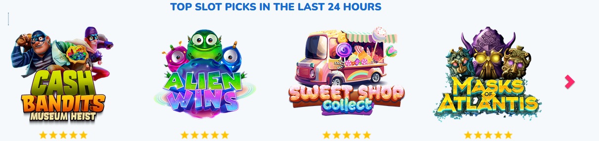 A banner at Loko Crypto Casino displays four popular slot games labeled "Top Slot Picks in the Last 24 Hours." The games are: "Cash Bandits Museum Heist," "Alien Wins," "Sweet Shop Collect," and "Masks of Atlantis," each with images of characters and graphics from the games below their titles.