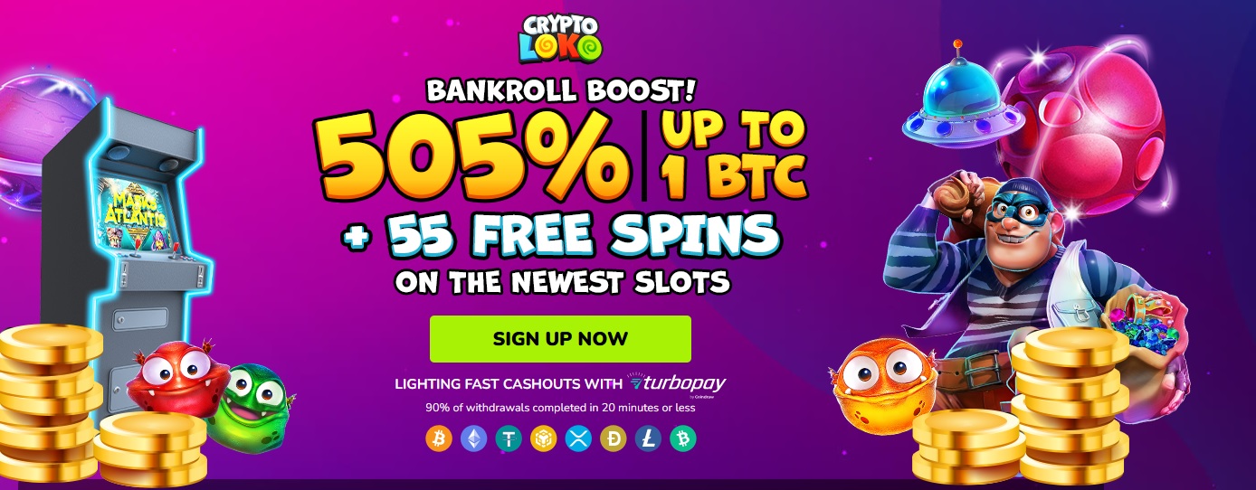 Promotional banner for Crypto Loko casino. It features colorful graphics with an arcade machine, a pirate character, and smiling slot characters. Text highlights a 505% bonus up to 1 BTC and 55 free spins for thrilling wins. A "Sign Up Now" button is visible at the center.