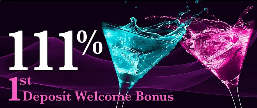 The image features two martini glasses clinking together, one filled with a blue liquid and the other with a pink liquid, both splashing. Text on the image states "111% 1st Deposit Welcome Bonus" against a dark background with pink swirls. Unlock your Casino Bonus today and celebrate in style!