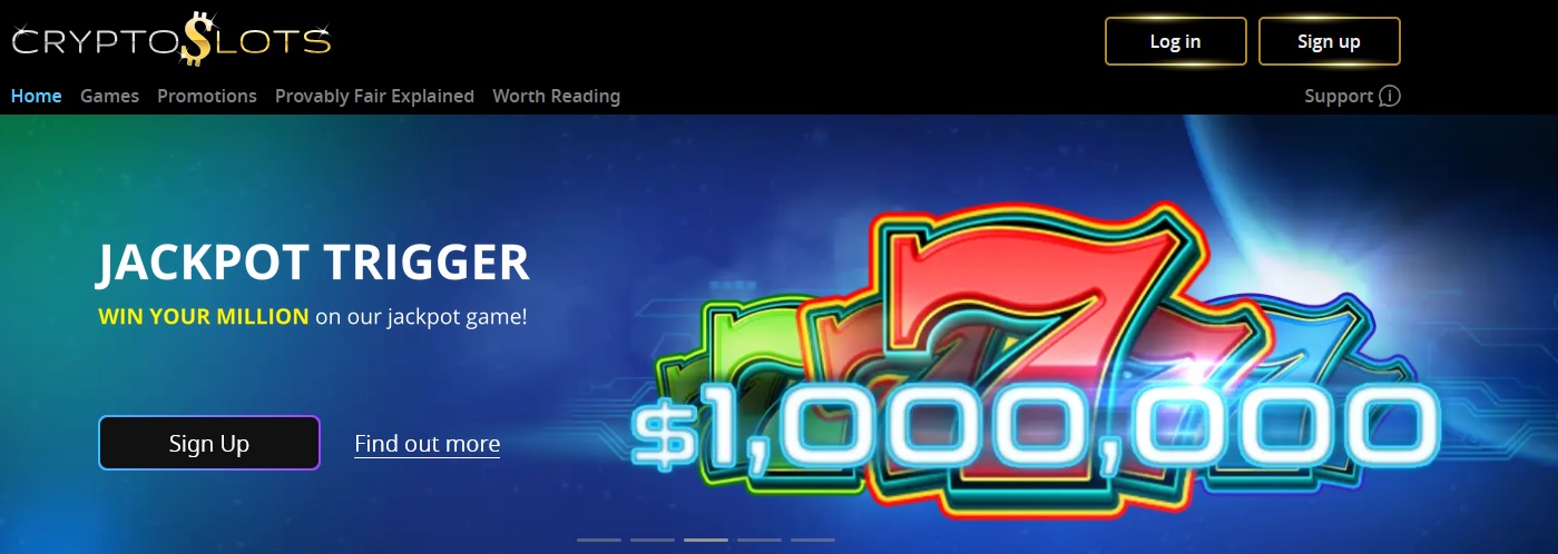 A website header for CryptoSlots Casino featuring a bright blue and green background with neon 7's and the text "$1,000,000" prominently displayed. Other text includes, "JACKPOT TRIGGER - WIN YOUR MILLION on our jackpot game!" Buttons for "Sign Up" and "Find out more" are also shown. Experience Big Wins now!