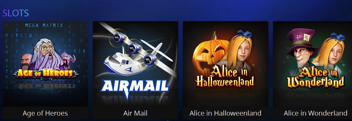 A screenshot of four slot game titles on Cryptoslots. From left to right: "Age of Heroes," depicting two heroes; "Air Mail," showing a white propeller airplane; "Alice in Halloweenland," with a pumpkin and a girl; and "Alice in Wonderland," featuring a girl and a man in a top hat, all promising big wins.