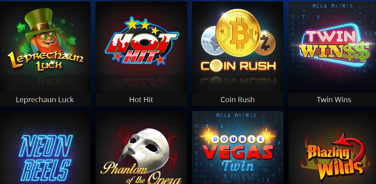 An interface displaying icons for various casino slot games at Cryptoslots Casino. The icons include "Leprechaun Luck," "Hot Hit," "Coin Rush," "Twin Wins," "Neon Reels," "Phantom of the Opera," "Double Vegas Twin," and "Blazing Wilds." Don't miss out on the secrets of each game to maximize your fun!