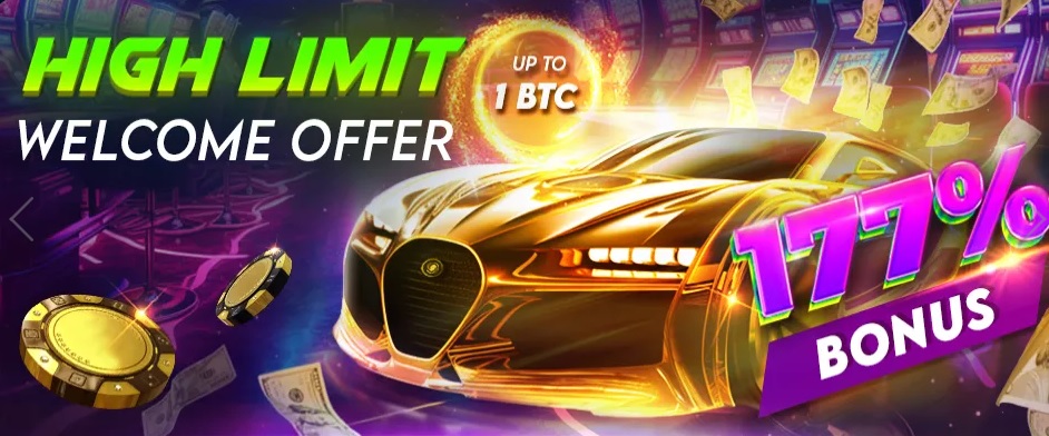 Promotional banner with a high-limit welcome offer at Cryptowins Casino. The banner features a luxurious gold car, flying money, and a casino background. Text highlights include "Up to 1 BTC" and "177% Bonus" in vibrant, eye-catching fonts. Don't miss out on the latest bonus code!