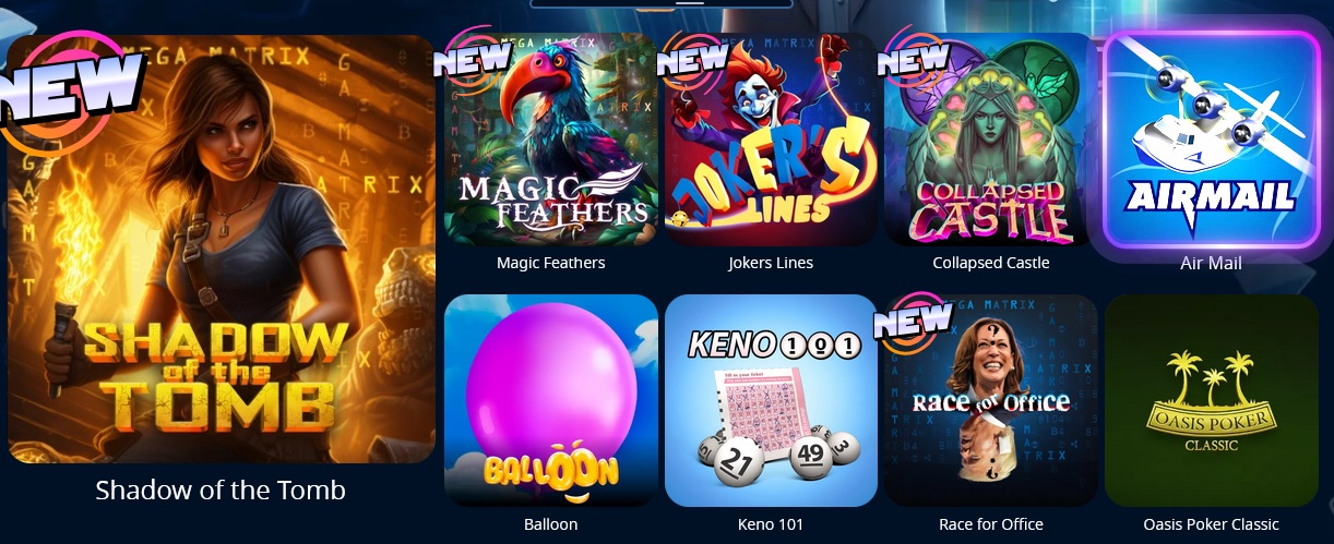 An image showcasing various game titles, including "Shadow of the Tomb," "Magic Feathers," "Jokers Lines," "Collapsed Castle," "Air Mail," "Balloon," and more at Cryptowins Casino. Some games, labeled as "NEW", promise hidden secrets and exciting adventures.