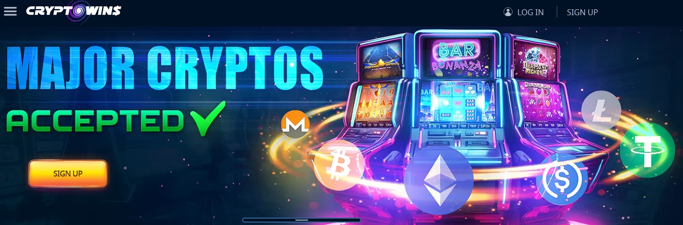 Image of a casino-themed banner for CryptoWins Casino. Includes "Log In" and "Sign Up" buttons. The banner text reads "Major Cryptos Accepted" with a checkmark, surrounded by slot machines and cryptocurrency symbols like Bitcoin, Ethereum, Litecoin, and Tether.