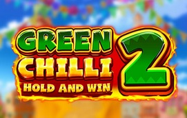 A colorful, festive-themed image with the title "Green Chilli 2: Hold and Win" prominently displayed in vibrant green and yellow text against a cheerful background featuring string lights and blurred decorations, perfectly capturing the excitement of this slot game.