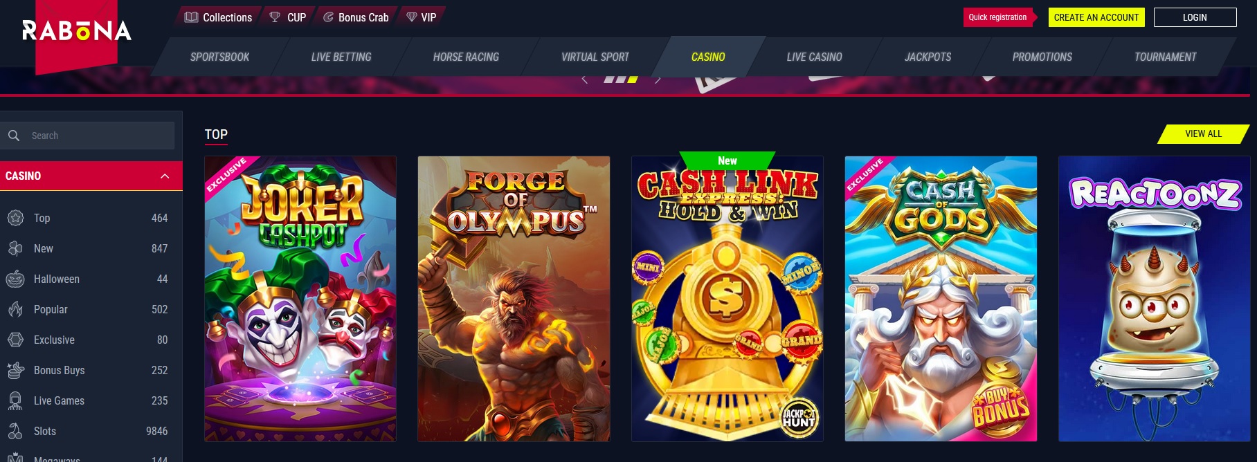 A vibrant Rabona Casino interface showcases game options like Joker Stoker, Forge of Olympus, Cash Link, Cash Gods, and Reactoonz. Explore categories such as sportsbook, virtual sport, and casino in the left menu. Don't miss out on bonus features that enhance your gaming experience!