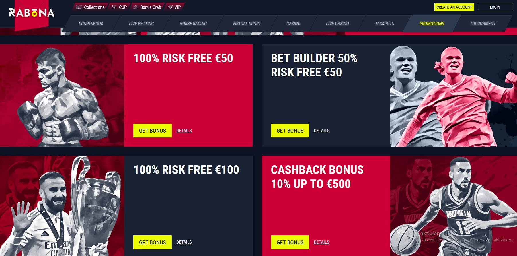 Discover Rabona Casino's sports betting page packed with exciting wins and promotional offers: "100% Risk Free €50," "Bet Builder 50% Risk Free €50," "100% Risk Free €100," and a "Cashback Bonus 10% Up to €500," all set against images of determined athletes.