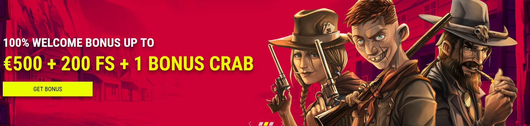 A promotional banner from Rabona Casino with a red background showcases a "100% Welcome Bonus up to €500 + 200 FS + 1 Bonus Crab." The banner features three animated characters: two cowboys and one cowgirl. A yellow "Get Bonus" button is on the left. Ultimate Review Bonus!