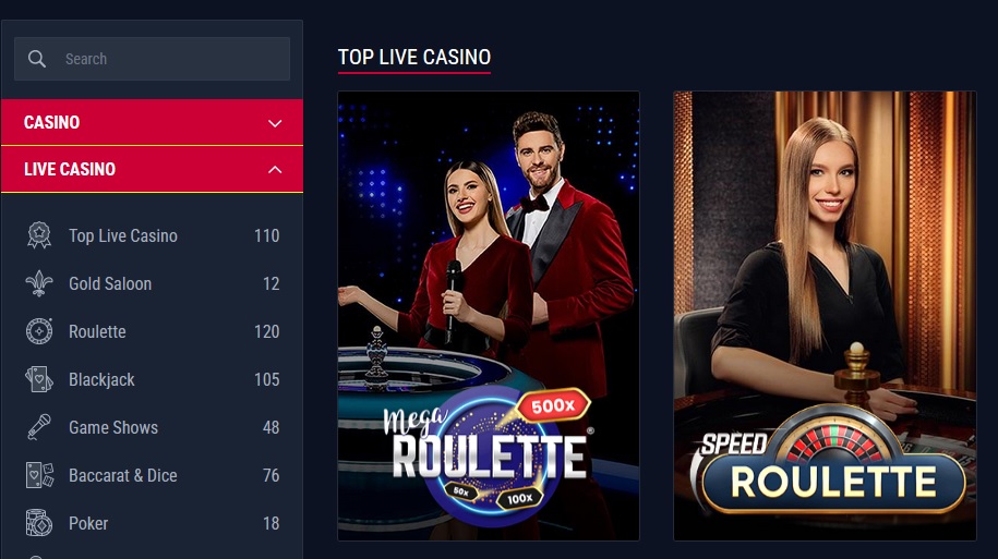 Screenshot of the Rabona Casino interface showing sections titled "Casino" and "Live Casino." Two large thumbnails display live roulette games named "Mega Roulette" with two hosts and "Speed Roulette" with a single host. Side menu lists various casino games and offers bonus information for players.