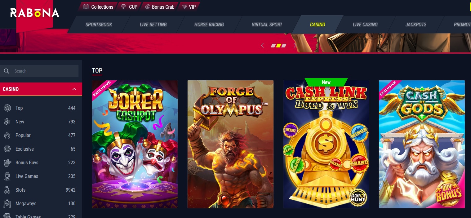 Screenshot of the Rabona Casino website displaying exciting game options. The main menu is on the left with sections like "Top," "New," and "Megaways." Highlighted games include "Joker Troupe," "Forge of Olympus," "Cash Link: Hold 'Em Win," and "Cash Gods." Exciting wins await!