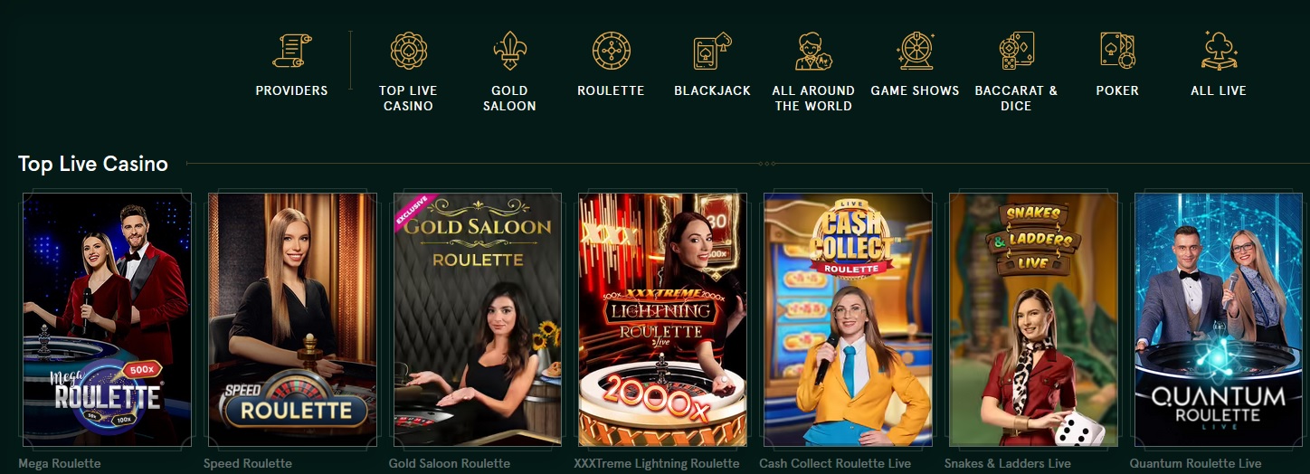 A grid of seven sections featuring different live casino games with host images. The games listed are Mega Roulette, Speed Roulette, Gold Saloon Roulette, XXXTreme Lightning Roulette, Cash Collect Roulette, Snakes & Ladders Live, and Quantum Roulette Live. Enjoy these at Casinia Casino Bonus for a chance to win up to 500 USD.