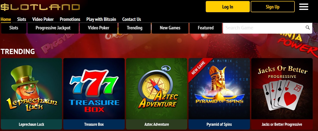 A screenshot of Slotland, an online casino website. The menu includes Slots, Video Poker, Promotions, Play with Bitcoin, Contact Us, and a search bar. Trending games like Leprechaun Luck, Treasure Box, Aztec Adventure, and Gold Rush are displayed. Buttons for "Log In" and "Sign Up" are at the top.