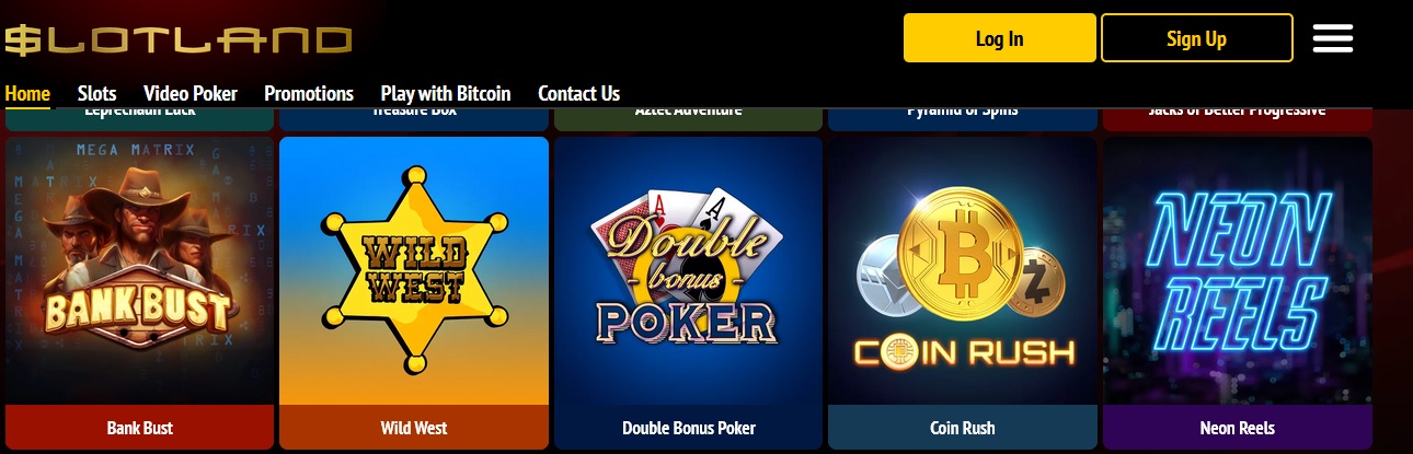 Screenshot of the $Lotland website showing a banner with options for Home, Slots, Video Poker, Promotions, Play with Bitcoin, and Contact Us. Featured games include the exciting online slot game Coin Rush, Bank Bust, Wild West, Double Bonus Poker, and Neon Reels. Buttons for Log In and Sign Up are at the top.