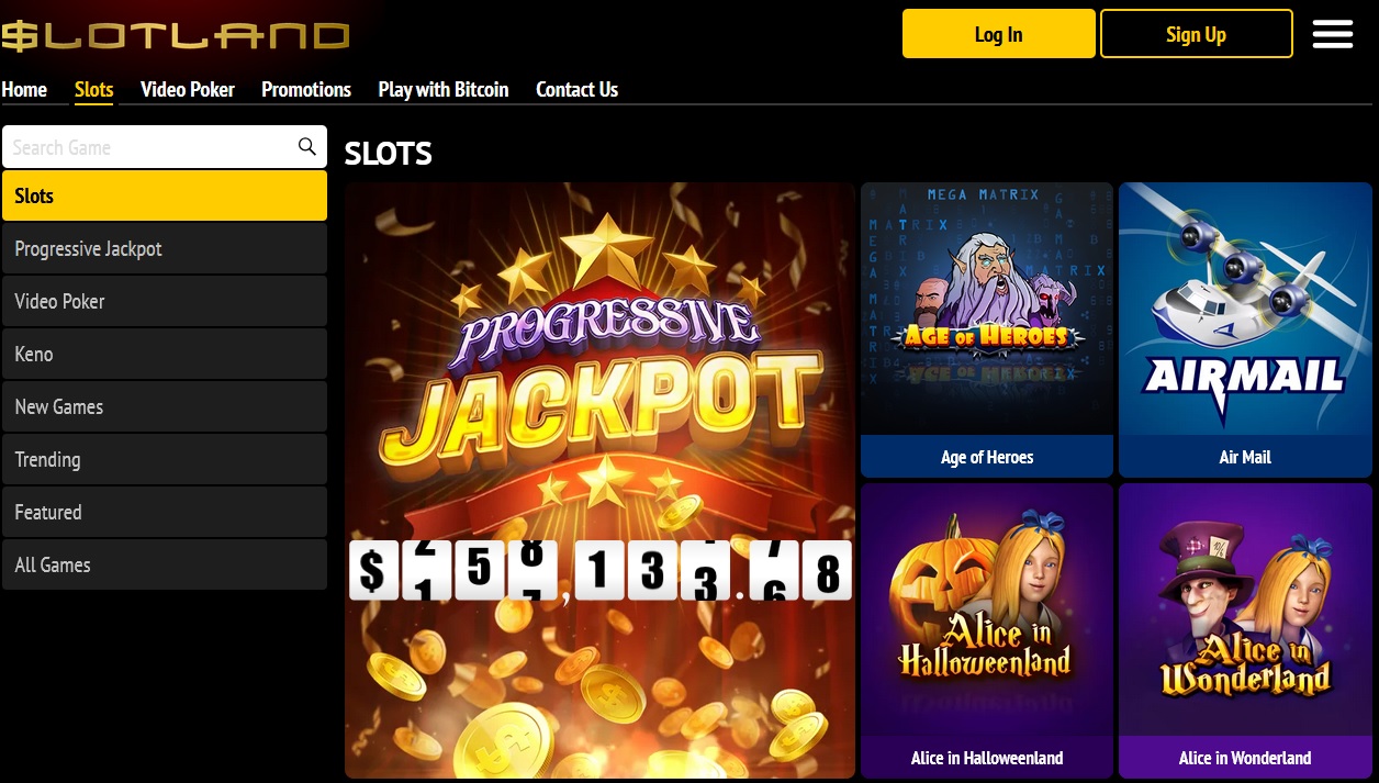 Screenshot of Slotland Casino's slots section featuring a Progressive Jackpot displaying a prize of $4,501,331.48. Other slot games include Alice in Halloweenland and Age of Heroes. The navigation menu lists options like Slots, Video Poker, Tournaments, Play With Bitcoin, and Welcome Bonus, with sign-up and login at the top right.