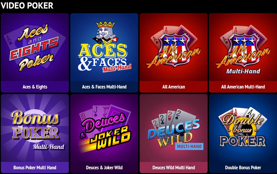 A grid displaying eight video poker game icons, each with vibrant designs and titles like "Aces and Eights Poker," "Aces & Faces Multi-Hand," "All American Multi-Hand," "Bonus Poker Multi-Hand," "Deuces & Joker Wild," "Deuces Wild Multi-Hand," and "Double Bonus Poker" awaits at Slotland Casino, where new players can enjoy a Welcome Bonus.