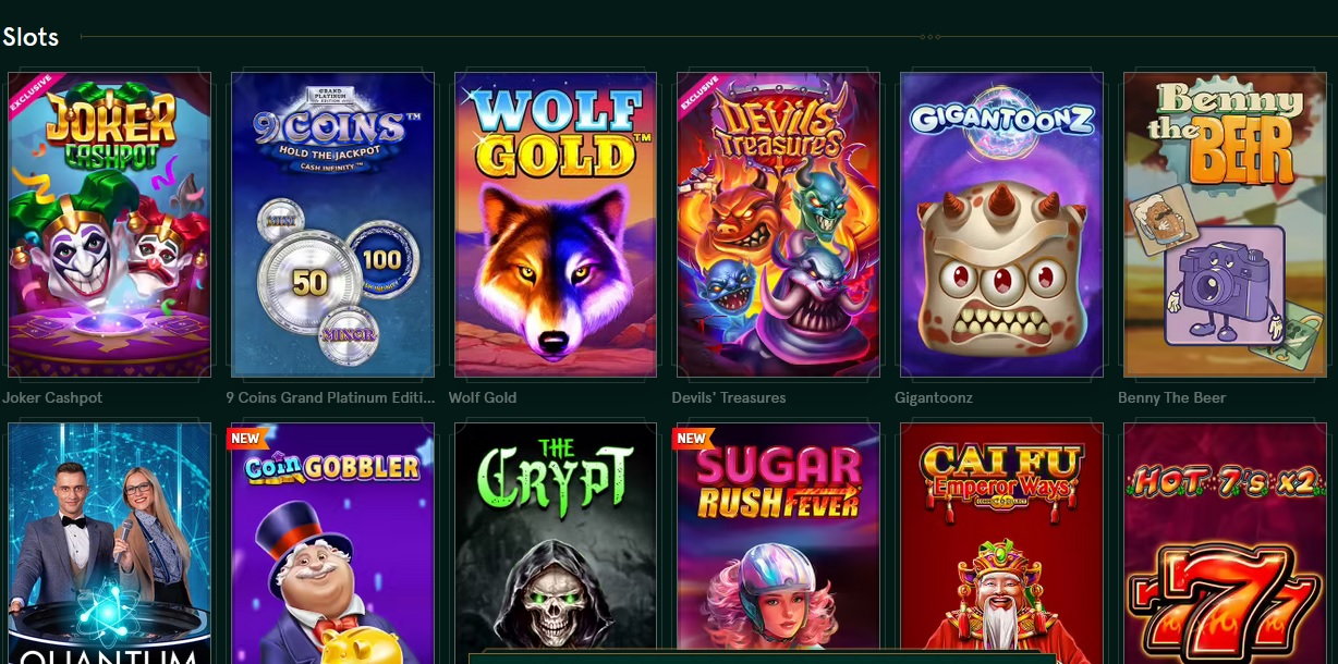 A grid of online slot game icons, including titles such as Joker's Jackpot, 9 Coins Grand Prize Edition, Wolf Gold, Devil's Treasures, Gigantoonz, Benny The Beer, and Coin Gobbler. Enjoy these games with a Casinia Casino Bonus offering up to 500 USD and 200 Free Spins.