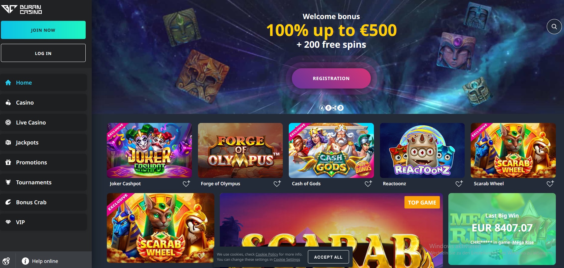 Screenshot of Buran Casino’s homepage showcasing a welcome bonus offer of 100% up to €500 and 200 free spins. Various colorful game thumbnails, including "Joker Fortune" and "Scarab Wheel," are displayed with a menu on the left.