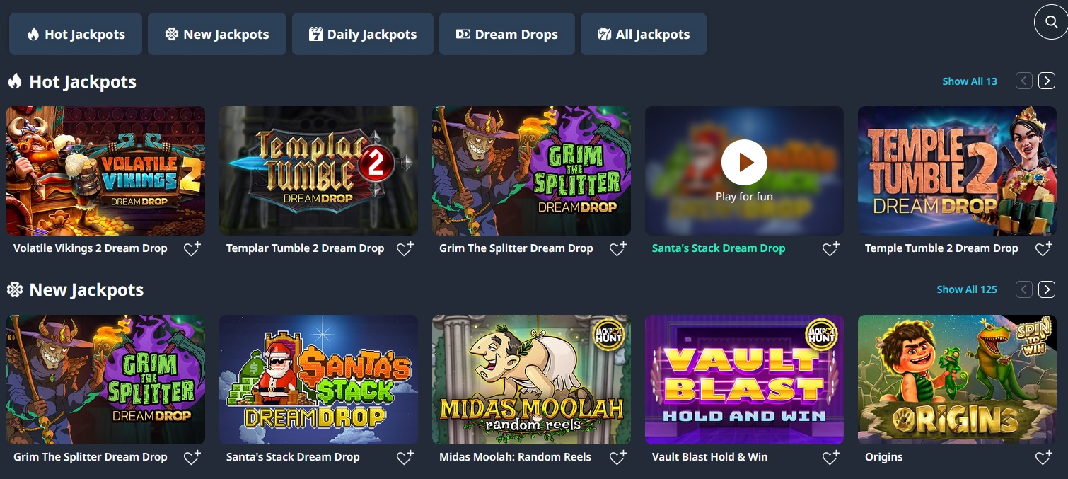 Buran Casino's sleek interface features thrilling jackpot games like "Temple Tumble 2," "Grim the Splitter," and "Santa's Stack Dream Drop." Explore tabs such as "New Jackpots," "Daily Jackpots," and "Dream Drops," and discover enticing free spins alongside games labeled as “Hot” and “New” Jackpots.