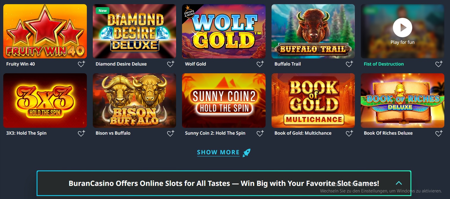 A colorful display of various online slot games, including titles like "Fruity Win 40," "Diamond Desire Deluxe," and "Wolf Gold." Each game boasts a distinct theme and vibrant graphics. The banner at the bottom promotes Buran Casino's diverse slot offerings, highlighting exclusive bonuses and free spins.