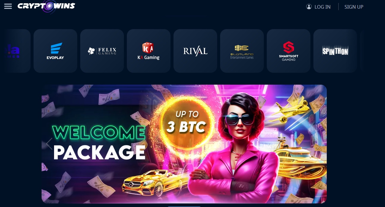 A vibrant Cryptowins Casino banner showcases a "Welcome Package" with up to 3 BTC. It features a stylish individual in sunglasses, dollar bills, a car, helicopter, and flashy colors against a dark background adorned with gaming company logos. Unlock hidden secrets with the exclusive bonus code!