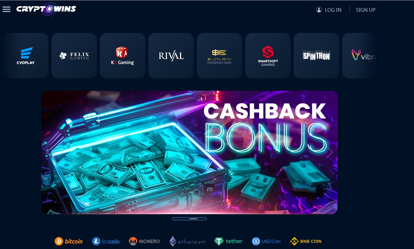 Welcome to Cryptowins Casino's futuristic homepage, where glowing cashback bonuses and a suitcase full of cash greet you. Discover hidden secrets with logos from various games and cryptocurrencies like Bitcoin, Monero, and Ethereum displayed prominently.