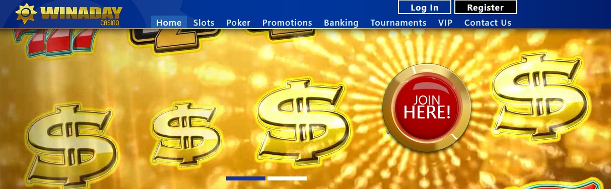 The image shows the Winaday Casino website homepage, featuring a gold background with several dollar signs and a large red button labeled "Join Here!" at the center-right. At the top, there's a navigation bar with options such as Home, Slots, Poker, and more. Discover amazing bonus codes and no deposit offers today!