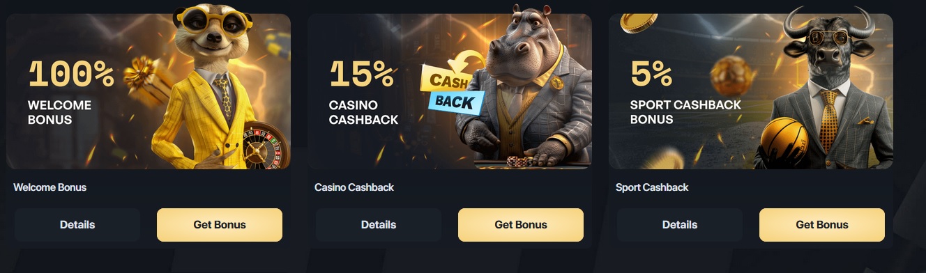 A promotional image showcases three panels: 100% Welcome Bonus with a dapper dog, 15% Casino Cashback with a cool hippo, and 5% Sport Cashback Bonus featuring a bull clutching a basketball. Dive into the excitement of Hugewin Crypto Casino, where each panel offers buttons for more details and to claim your bonus.