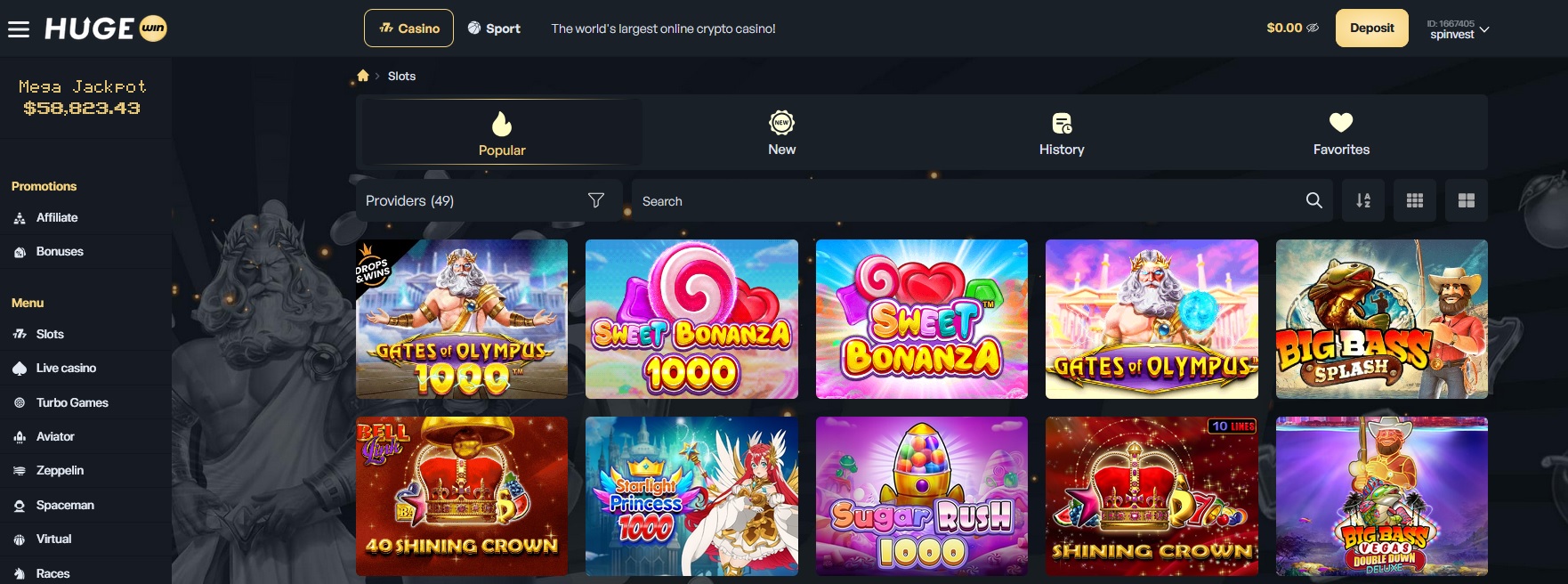 A screenshot of the Hugewin Crypto Casino homepage displays the main menu, a large jackpot, and a deposit button. The dark theme is accented by bright slot game icons like "Gates of Olympus" and "Sweet Bonanza," enticing players with its colorful allure for slots fans.