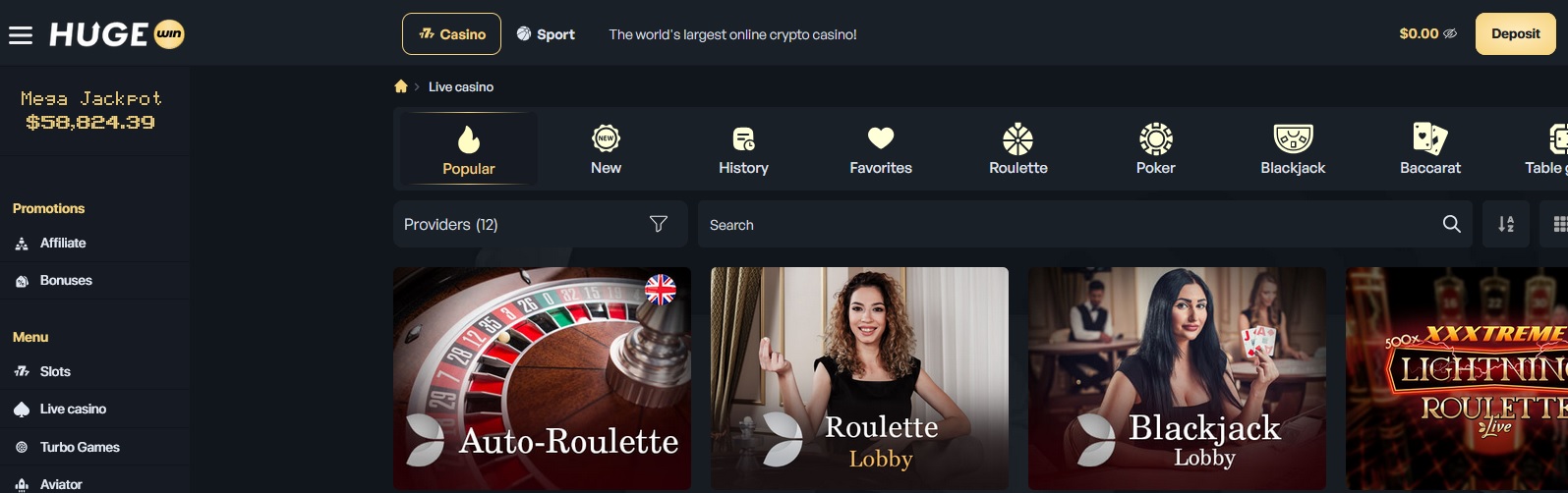 A screenshot of an online casino platform interface. The header features casino and sports betting options, with a cash balance and deposit button. Below are game categories like roulette, blackjack, and slots, accompanied by images and tabs for easy navigation.