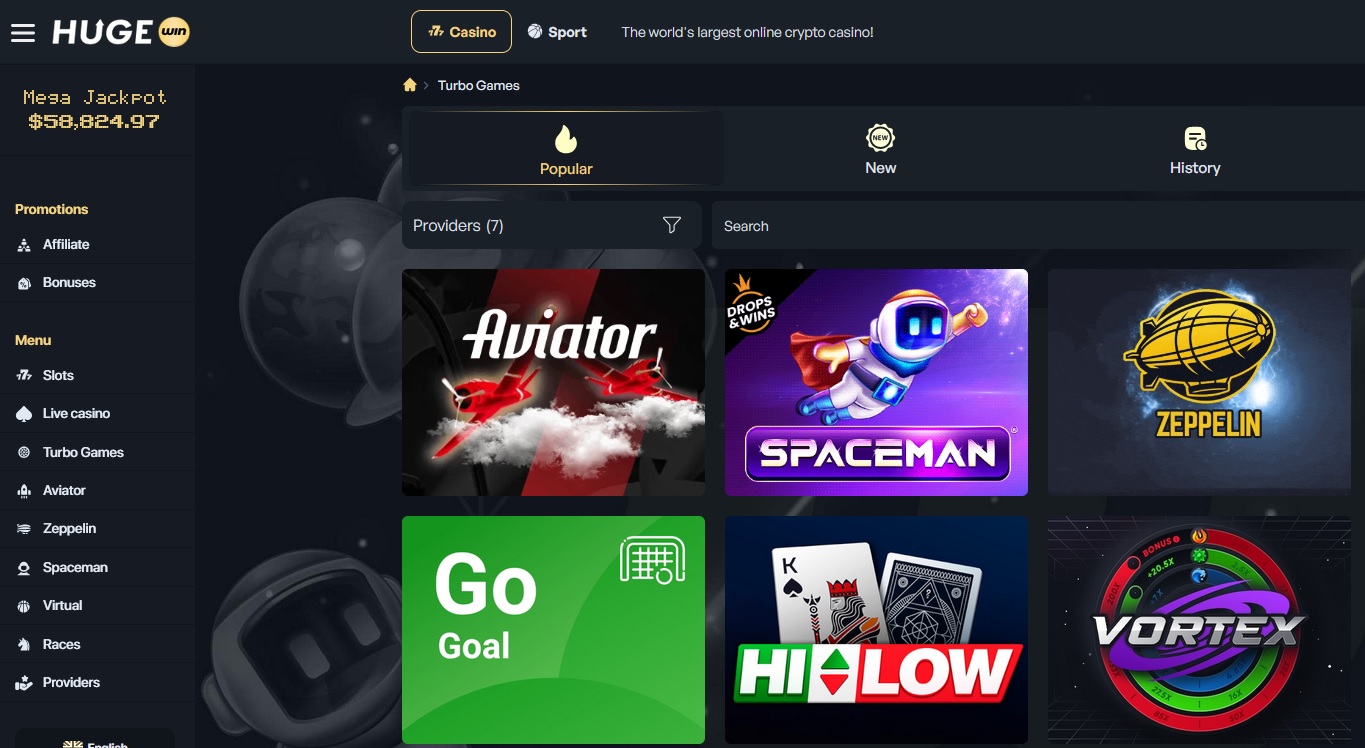 Screenshot of an online crypto casino homepage featuring various game options like "Aviator," "Spaceman," "Zeppelin," and "Go Goal." The page highlights a massive jackpot of $58,824.97 and offers navigation options for sports betting, slots, and more.