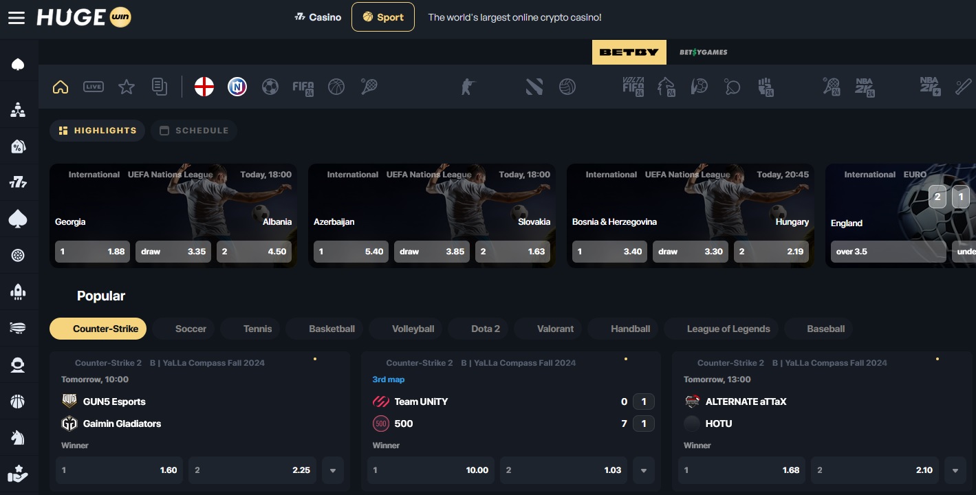 A sportsbook interface showcases various international UEFA matches with odds, like Albania vs Azerbaijan, Slovakia vs Bosnia & Herzegovina, Hungary vs England. Below, popular eSports matchups feature teams GUNC Esports and ALTERNATE aTTaX, perfect for enthusiasts of sports betting and Hugewin Crypto Casino.