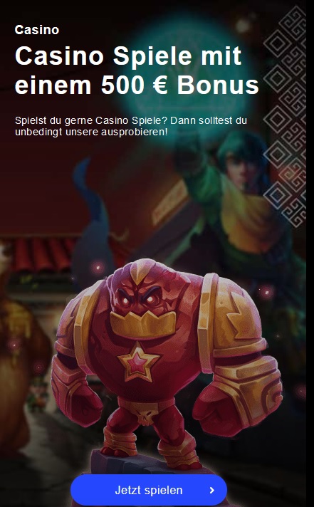 A German casino ad with text saying "Casino Spiele mit einem 500 € Bonus" and "Spielst du gerne Casino Spiele? Dann solltest du unbedingt unsere ausprobieren!". The background features a character in green and a prominent red armored figure. Check out Librabet Online Casino and click the "Jetzt spielen" button at the bottom.