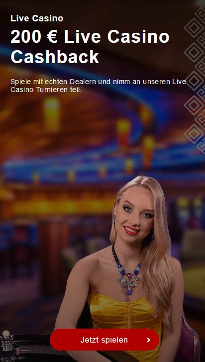 A blonde woman sits at a casino table, smiling at the camera in a brightly lit gaming environment. The text in German promotes a "200 € Live Casino Cashback" offer with a call-to-action button that says "Jetzt spielen" (Play Now) on Librabet Online Casino.